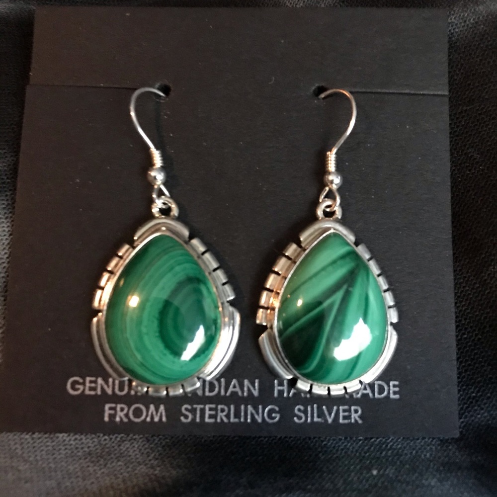 Sterling Silver Teardrop Green Malachite Earrings - Picture 9 of 9